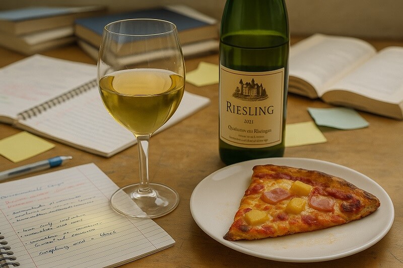 riesling-glass-with-pizza glass of German Riesling with Hawaiian Pizza